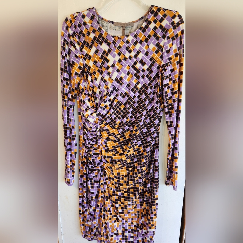 Halston Heritage Dress, Size M, Purple, Black & Gold Geometric Pattern.